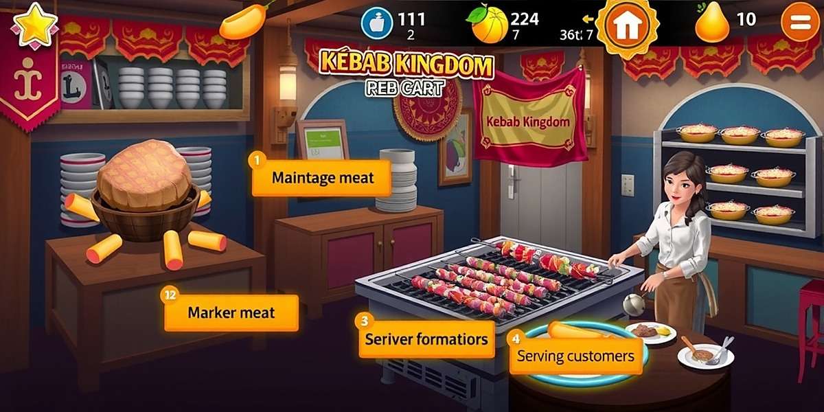 Kebab Kingdom Gameplay Screenshot Kebab Kingdom gameplay showing a player marinating meat, skewering kebabs, grilling them over charcoal, and serving customers in a busy Indian market with traditional decor
