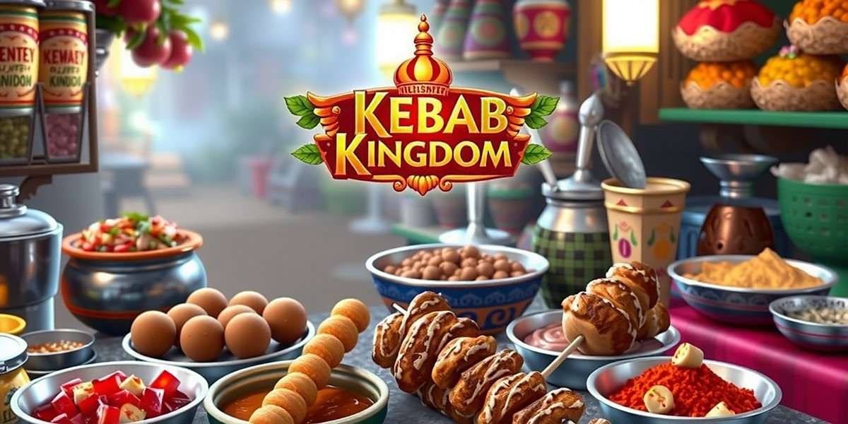 Kebab Kingdom Official Cover Art Kebab Kingdom game cover featuring various delicious kebabs displayed in a vibrant Indian street food market setting with colorful spices and traditional cooking equipment